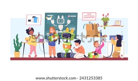 Children assemble robots. Kids create robot, child engineering school project mechanic robotic lab development, student teamwork making science invention vector illustration of robot kid science