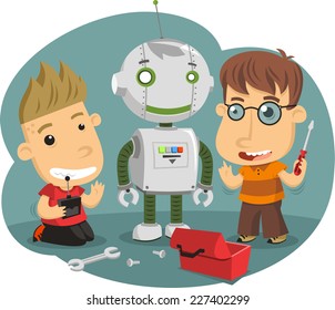 Children assembling Robot, vector illustration cartoon.