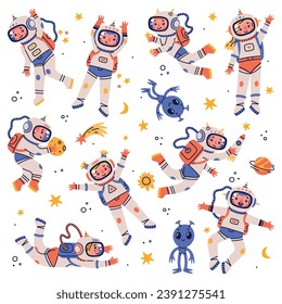 Children Astronaut Characters Floating in Spacesuit Vector Set
