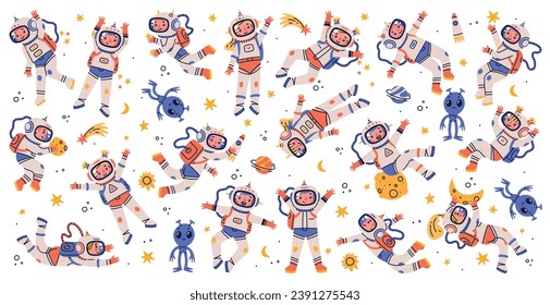 Children Astronaut Characters Floating in Spacesuit Vector Set