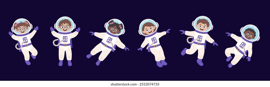 Children astronauts: boys and girls. Space concept.