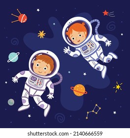 Children astronauts. Girl and boy. 