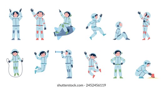 Children astronauts. Kids wear spacesuits and helmets. Little cute space explorers, flying on rocket, dreaming and floating in air, recent vector set