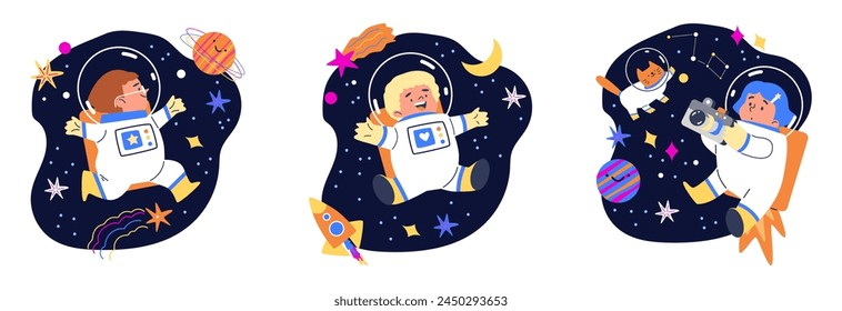 Children astronauts make space adventures to the stars, flat cartoon vector illustration isolated on white background. Set of banners or stickers with children astronauts.