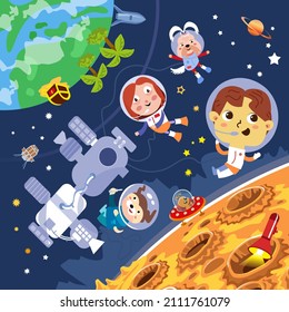 Children astronauts near space station and moon. Character in cartoon style for design. Vector illustrations, full color.