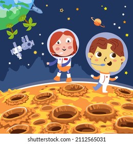 Children astronauts on the moon. Cartoon style character in space. Vector illustrations, full color.