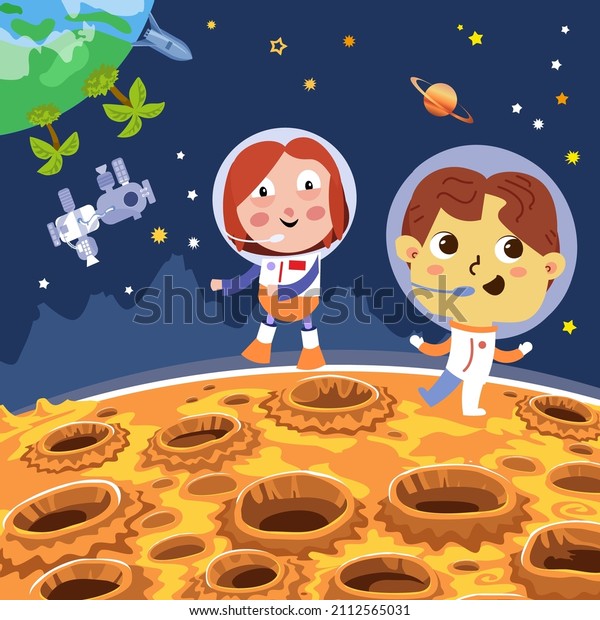 Children astronauts on the\
moon. Cartoon style character in space. Vector illustrations, full\
color.