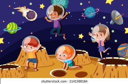Children astronauts on a planet illustration