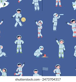 Children astronauts seamless pattern. Kids space adventures and travel in universe. Toddlers in spacesuits, fabric wrapping vector print design