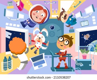 Astronautas infantiles en la estación espacial. Personaje en estilo de dibujos animados para el diseño. Ilustraciones vectoriales, color completo.