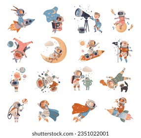 Children Astronauts in Spacesuit Exploring Outer Space Vector Set