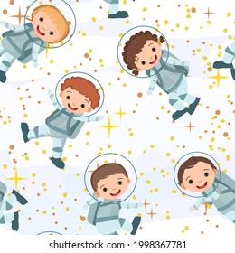 Children astronauts in spacesuits. Kid. Cosmos background. Seamless pattern. Childrens illustration. Starry sky landscape. Flat style. Cartoon design. Vector