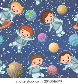 Children astronauts in spacesuits. Kid. Cosmos background. Seamless pattern. Childrens illustration. Starry sky landscape. Flat style. Cartoon design. Vector.