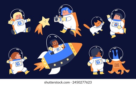 Children astronauts. Vector set of children in spacesuits exploring space, with stars, domestic cat, space rocket and alien. Isolated flat illustrations for educational or creative projects.