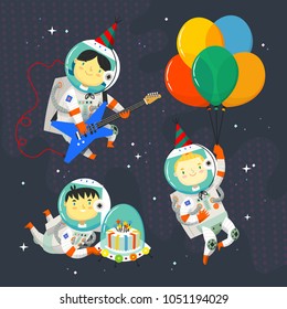 Children astronauts wearing space suits and party hats floating in outer space. Birthday party in cosmic style. Isolated vector  images for your greeting cards and invitations.