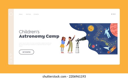 Plantilla de la página de aterrizaje del campamento de astronomía infantil. Niños y niñas estudian ciencias astronómicas. Los niños curiosos miran en el telescopio, los niños observan el cielo y el espacio. Ilustración de vectores de personas de caricatura