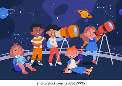 Children astronomy flat illustrations set. Happy kids discover cosmos and planets by telescope. Starry night and constellations. Science design elements