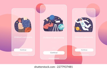 Children Astronomy Mobile App Page Onboard Screen Template. Kids Characters Look In Telescope, Boys or Girls Study Space