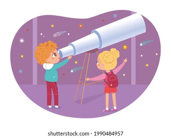 Children in astronomy museum. Kids looking at night sky with cosmos stars, galaxy vector illustration. School excursion scene, boy and girl with telescope. Science education.