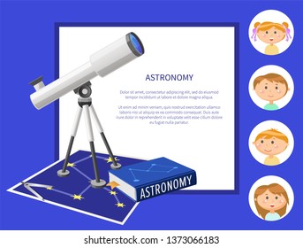 Children and astronomy poster with text vector, kids in frames. Schoolboy and schoolgirl with telescope and science about stars and planets researches