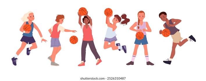 children athlete holding ball in hand to jump, run to basket, child playing in school team cartoon vector illustration set. Basketball player girl boy running and jumping, dribble ball down court