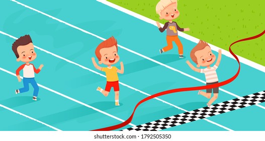 Children in athletics competitions. The boys run in the stadium and finish. The child came running first and won