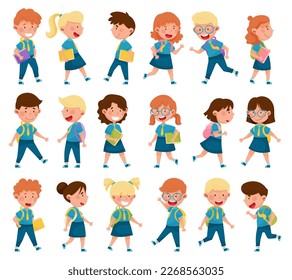 Children Attending Primary School Walking with Book and Backpack Big Vector Set