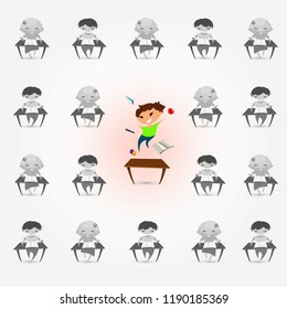 Children attention deficit hyperactivity disorder problem. Vector illustration of classroom. Children studying. Flat style boys and girls on grey background.