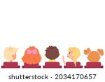 Children audience sit in chairs vector illustration. Cartoon boy girl child characters sitting on stools at theater concert or movie cinema auditorium and clap, kids watch show isolated on white