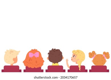 Children Audience Sit In Chairs Vector Illustration. Cartoon Boy Girl Child Characters Sitting On Stools At Theater Concert Or Movie Cinema Auditorium And Clap, Kids Watch Show Isolated On White