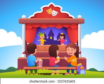 Children audience sitting on bench & watching puppet show on outdoor stage. School kids visiting puppet theater with hand dolls. Boy, girls enjoying entertainment performance. Flat vector illustration