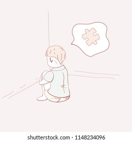 Children with autism. A  little boy sitting on floor facing the wall and thinking about the puzzle. Schizoid accentuation. ASD concept. Vector illustration.
