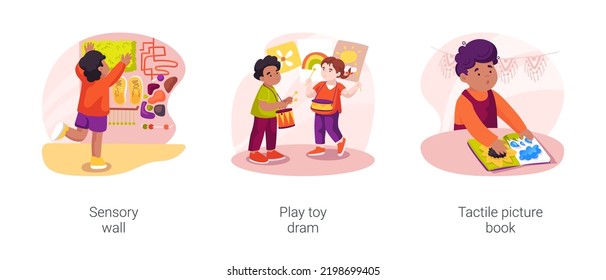 Children With Autism Sensory Development Isolated Cartoon Vector Illustration Set. Sensory Wall, Play Toy Drum, Tactile Picture Book, Fine Motor Skills, Daycare Center Music Therapy Vector Cartoon.