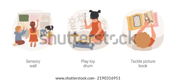 Children with autism sensory development\
isolated cartoon vector illustration set. Sensory wall, play toy\
drum, tactile picture book, fine motor skills, daycare center music\
therapy vector\
cartoon.
