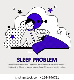 Children Autism Spectrum Disorder ASD Icon. Early signs of autism syndrome in children. Sleep problem. Autistic children are more difficult to fall asleep, often Wake up in the middle of the night.