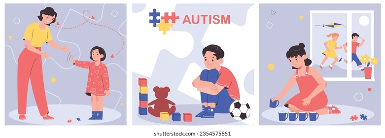 Niños con síndrome de autismo jugando solos y rechazando los abrazos de conjunto plano ilustración vectorial aislada