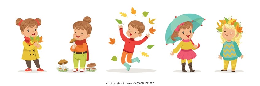 Children in Autumn Enjoy Warm Season Vector Set