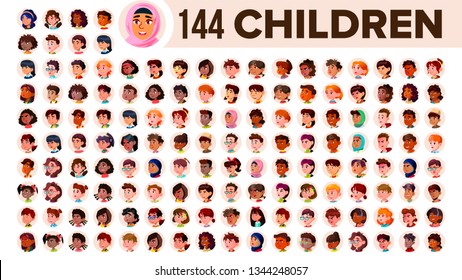 Children Avatar Set Vector. Child Girl, Guy. Multi Racial. Face Emotions. Multinational User People Portrait. Male, Female. Ethnic. Icon. Asian, African, European, Arab. Flat Illustration