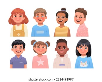 Children avatars set. Portraits of kids. Cheerful and cute boys and girls of different skin colors and ethnicities. Vector illustration in cartoon style