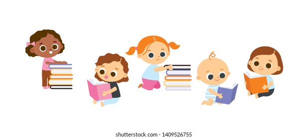 Children and babies with books.