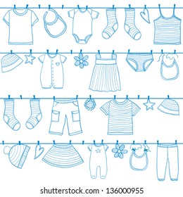 Children And Baby Clothes On Clothesline Seamless Pattern, Doodle Style