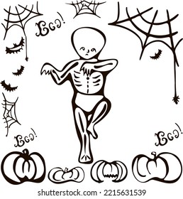 Children baby in Halloween skeleton costumes. a small child in a cute skeleton costume sad standing on one leg. funny cute baby cartoons. Vector illustration
