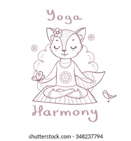 Children and baby yoga. Cute fox in lotus pose. Cartoon vector animal. 