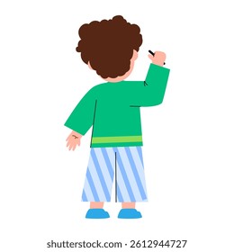 Children back rear view drawing writing holding pencil pen colorful vector illustration green shirt