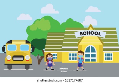 children back to school after pandemic use face mask physical distancing vector illustration