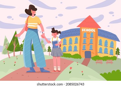 Los niños vuelven al concepto escolar en el paisaje urbano. Mamá e hija van juntas a la escuela. Paisaje natural con senderos para la construcción, árboles y arbustos. Ilustración vectorial en diseño de dibujos animados planos