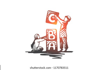Children, back to school, education, boy, girl, Islam concept. Hand drawn muslim children play with toy letters concept sketch. Isolated vector illustration.