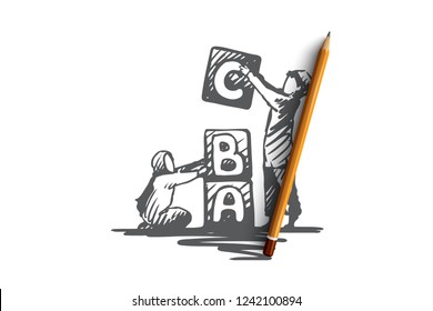 Children, back to school, education, boy, girl, Islam concept. Hand drawn muslim children play with toy letters concept sketch. Isolated vector illustration.