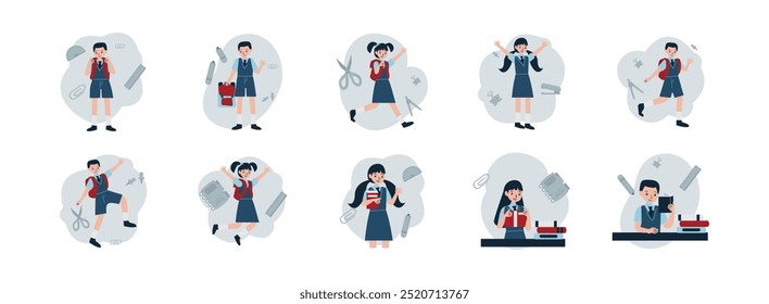 Conjunto de ilustración plana de regreso a la escuela para niños. Incluya la educación, el niño, el estudio, la persona y la mochila. Ilustración vectorial aislada