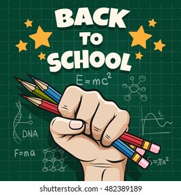 Children back to school placard with pencil in hand. Retro vector school poster
